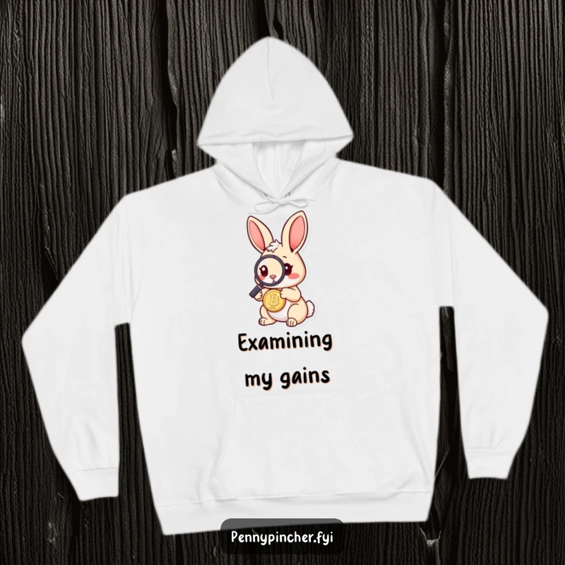 Funny rabbit hoodie showing a curious rabbit wearing a magnifying glass, inspecting a coin, radiating intellectual warmth and humor.