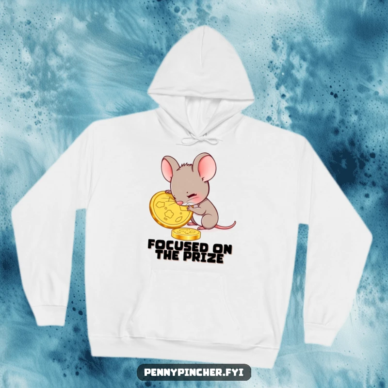 Funny mouse hoodie featuring a small mouse engrossed in examining a large gold coin, offering warmth and a symbol of focused appreciation.