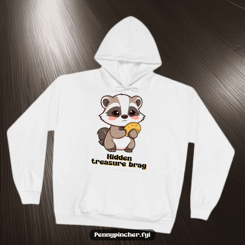Funny Badger Hoodie: Depicts a cautious badger character hiding a single coin behind its back, exuding secrecy.