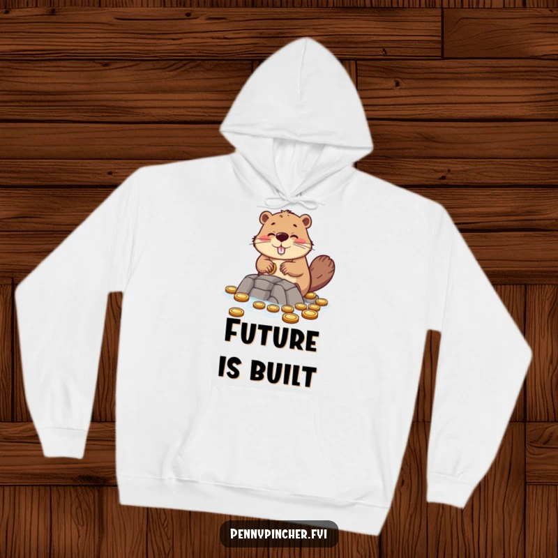 Funny hoodie featuring a hopeful beaver character constructing a dam entirely out of small coins, a symbol of dedication.