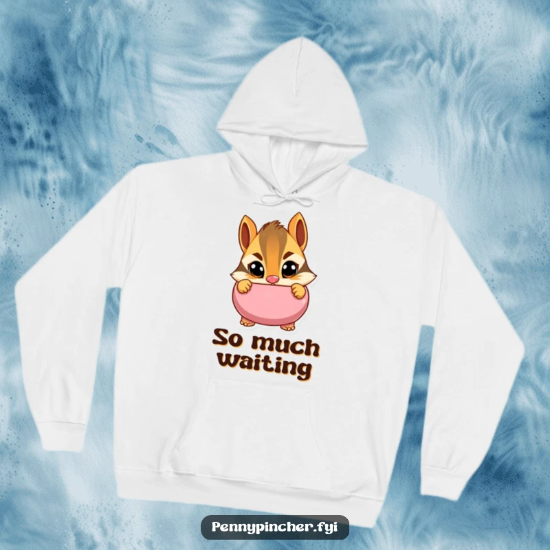 Funny hoodie depicting a cautious chipmunk character peeking into a piggy bank with wide eyes, radiating a humorous sense of watchfulness and financial care.