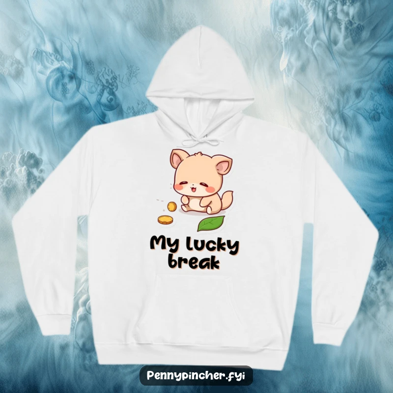 Funny Hoodie: A cute animal character looking incredibly relieved after finding a forgotten coin under a leaf.