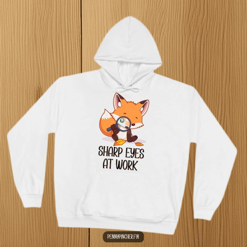 Funny hoodie featuring a diligent fox peering through a magnifying glass at a fallen leaf, highlighting its focused investigation.