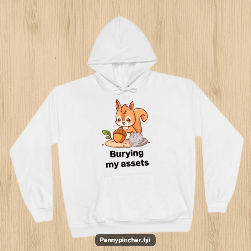 Funny hoodie depicting a hopeful squirrel character burying an acorn next to a large coin, radiating a humorous sense of future planning and abundance.