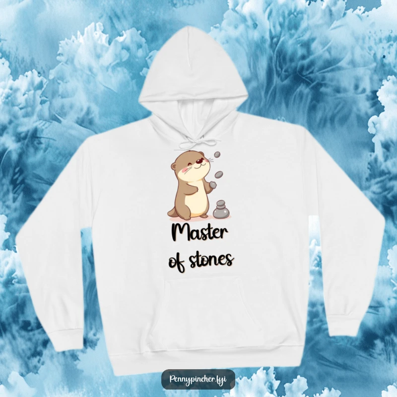 Funny otter hoodie with a playful Kawaii character juggling stones, offering cozy amusement and skill.