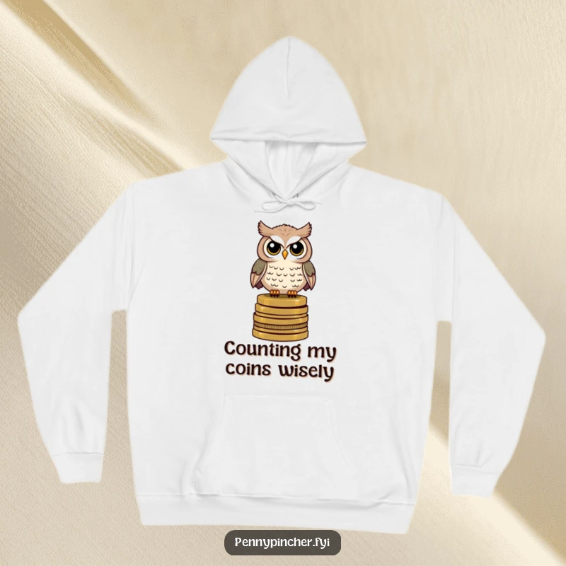 Funny hoodie featuring a watchful owl character perched on a stack of antique coins, perfect for intellectual pursuits.