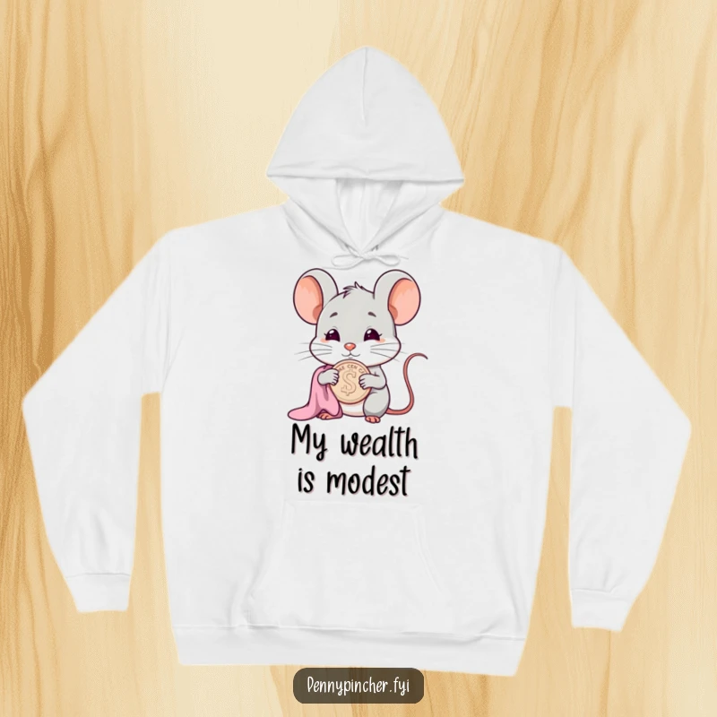 Funny smug mouse character hoodie, polishing a single cent, offering cozy humor and a touch of avarice.