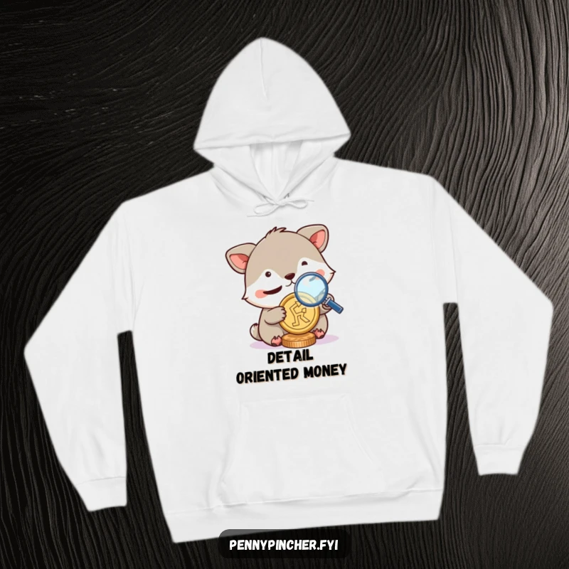 Funny hoodie, cute animal squinting to examine a coin with a magnifying glass, embodying curiosity and meticulousness with a humorous touch.