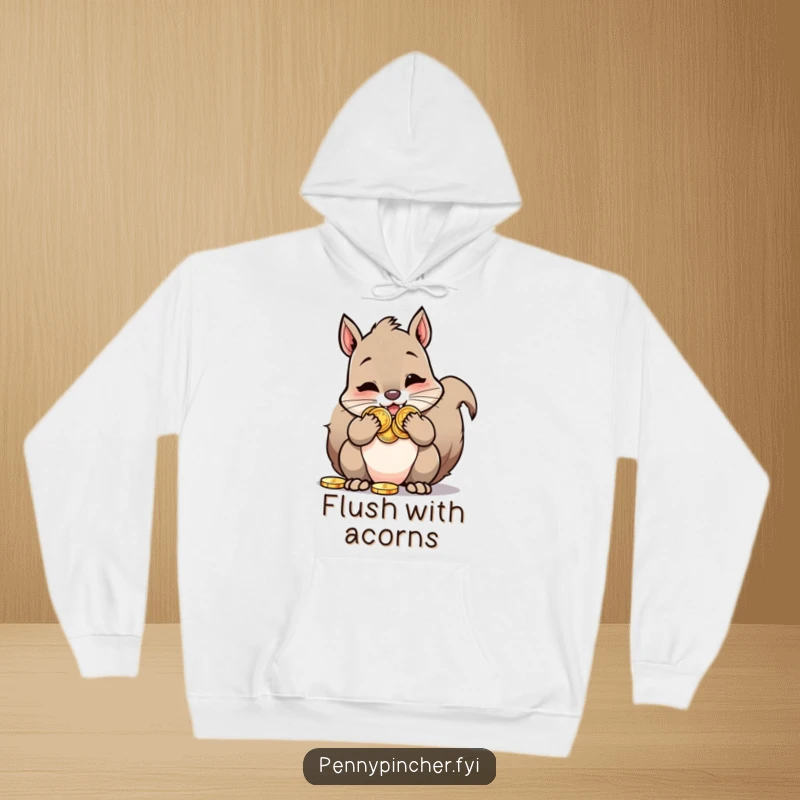 Funny Squirrel Hoodie: Depicts a squirrel character with cheeks bulging comically full of shiny, oversized coins.