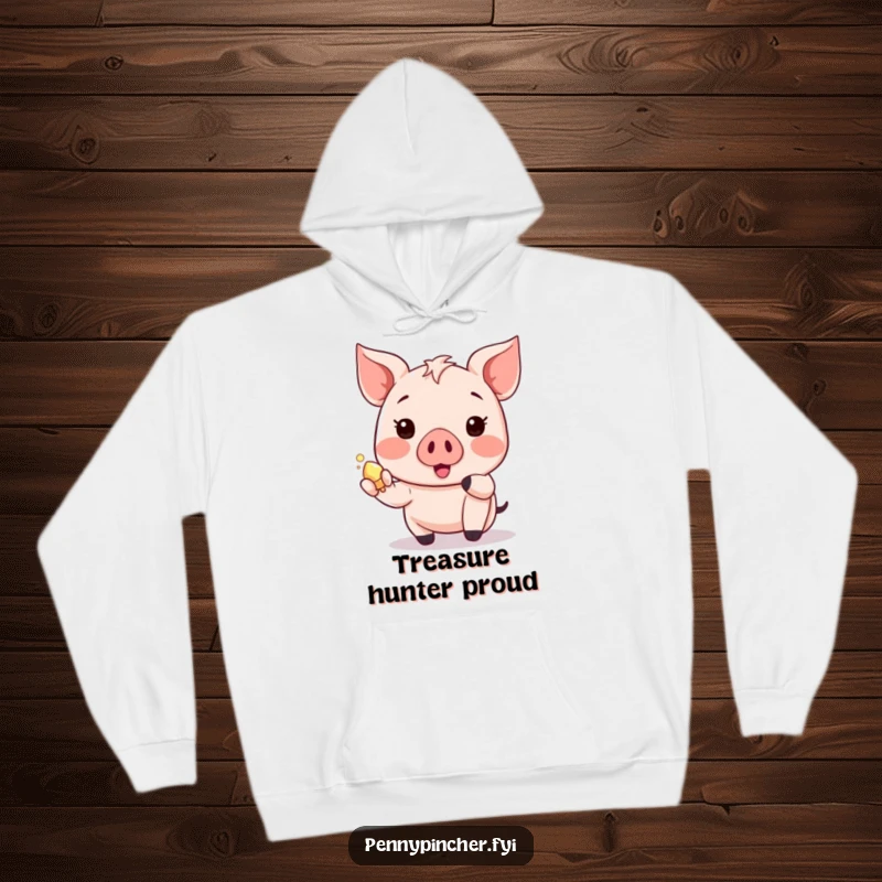 Funny piglet hoodie with a happy Kawaii character showing a shiny object, offering cozy delight.