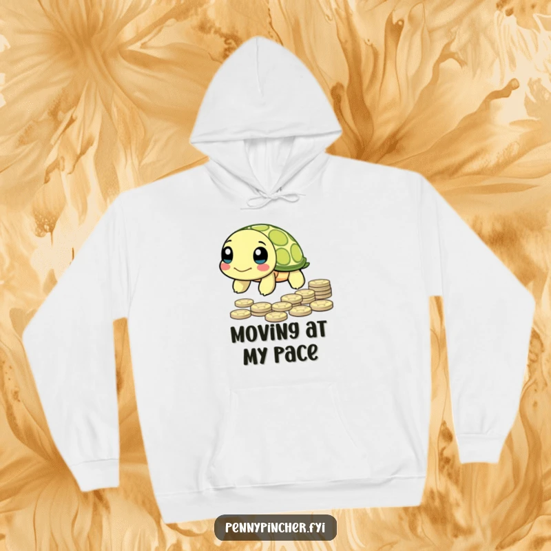 Funny Hoodie featuring a deliberate turtle character on a slow but sure path towards a pile of coins.