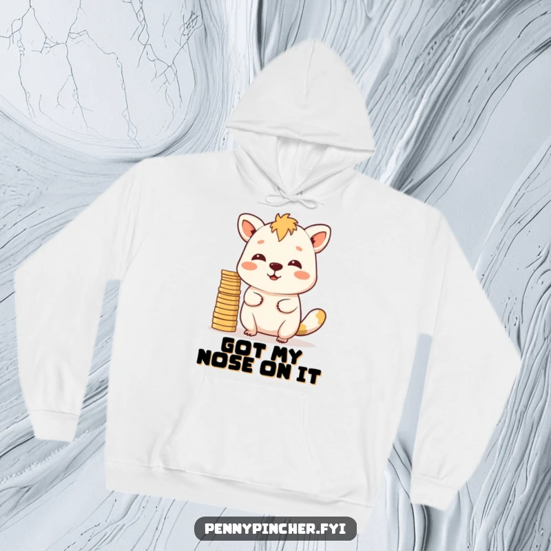 Funny Hoodie: A determined animal character with incredible focus, balancing numerous coins on its nose.