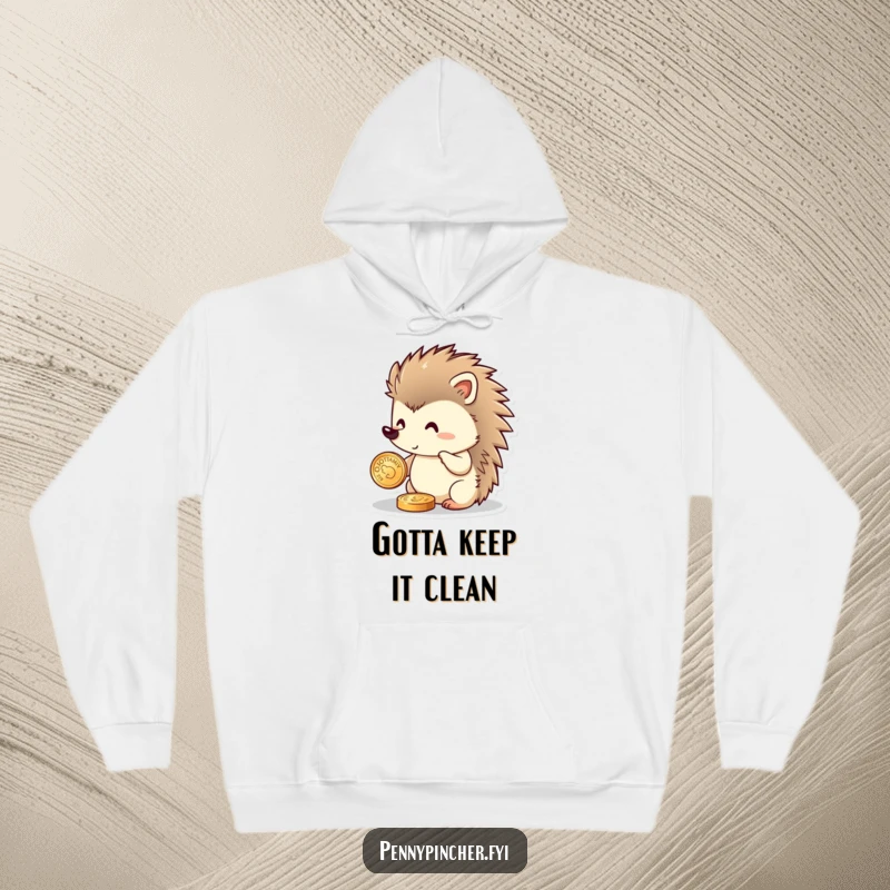 Funny hedgehog hoodie showing a proud hedgehog meticulously polishing a glittering coin, radiating a sense of accomplishment and humor.
