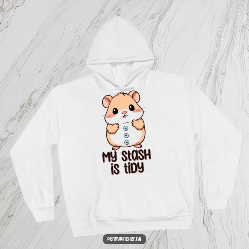 Funny hoodie depicting a dedicated hamster character meticulously sorting shiny buttons, ideal for cozy, humorous wear.