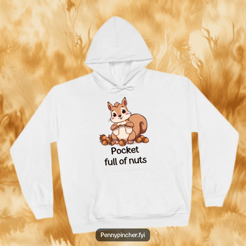 Funny hoodie featuring a squirrel character hoarding acorns with comically oversized pockets, designed for comfort and storage.