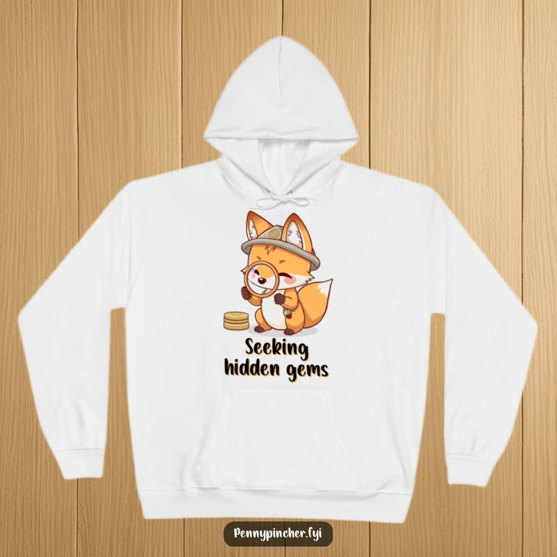 Funny hoodie print of a clever fox using a coin as a makeshift magnifying glass, showing resourcefulness and curiosity.