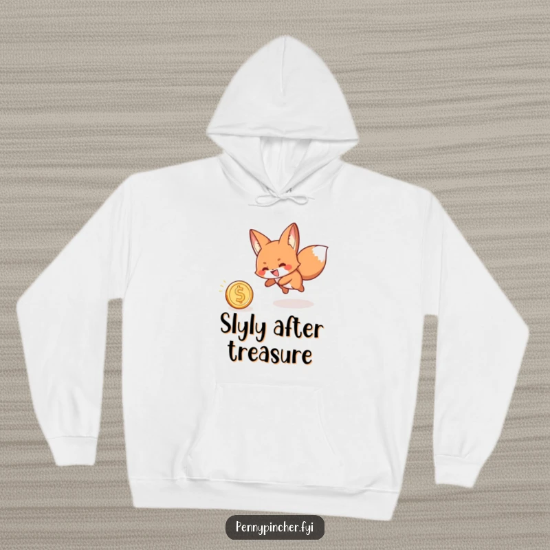 Funny hoodie featuring a playful fox character with a grin, joyfully chasing a rolling coin, perfect for chilly days.