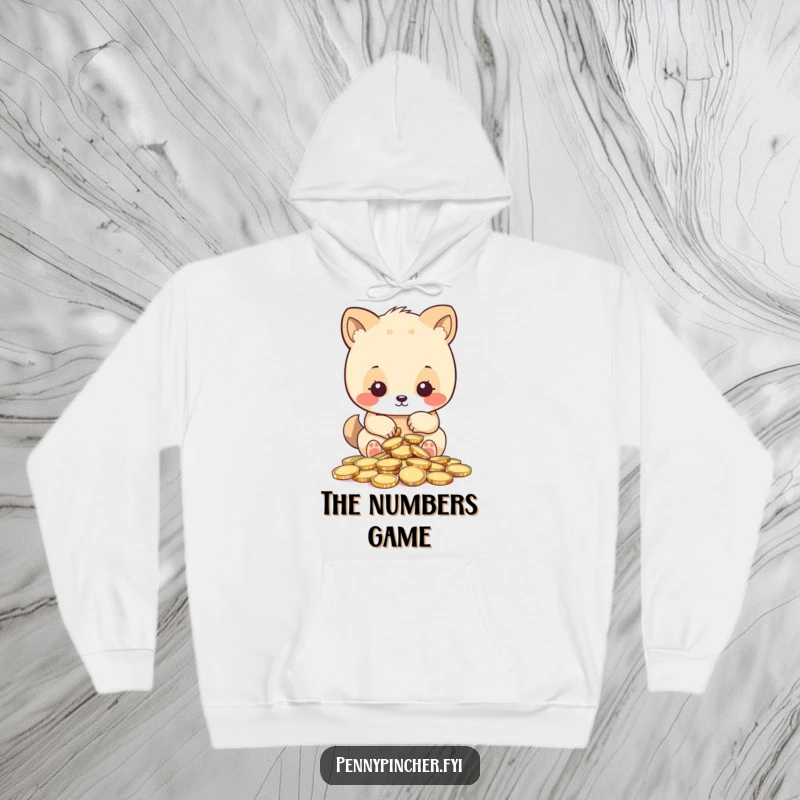 Funny hoodie, cute animal counting a small pile of shiny coins, emphasizing meticulousness and financial awareness with a humorous touch.