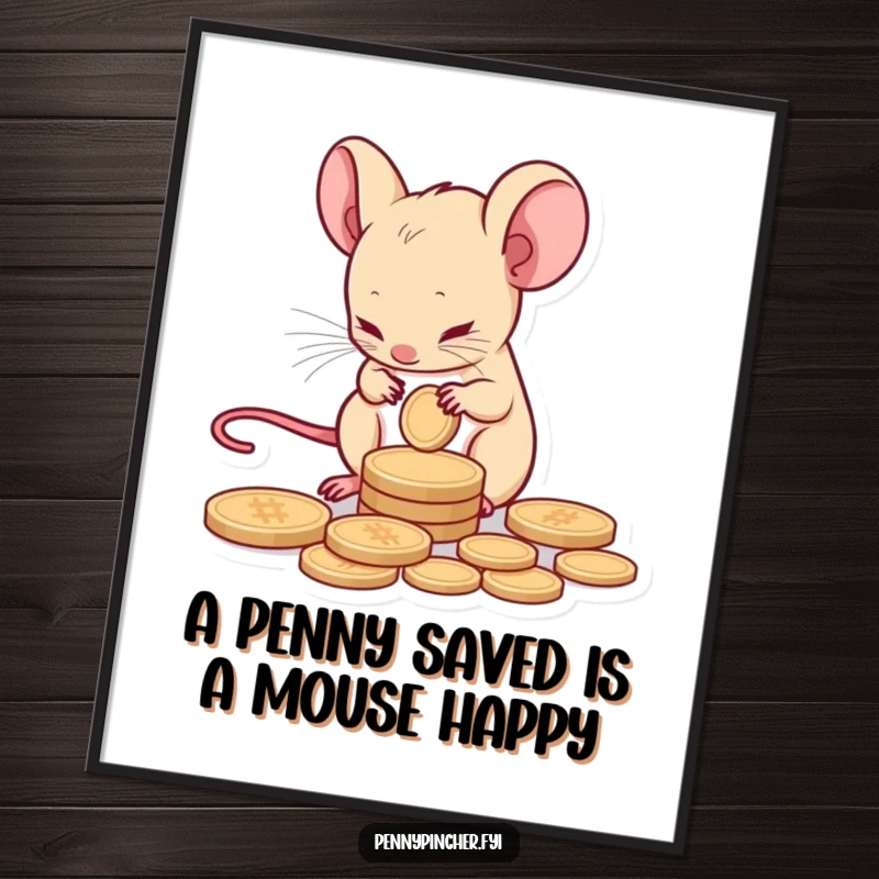 Funny Free Printable Wall Art of a tiny mouse character carefully counting a single coin with intense concentration.