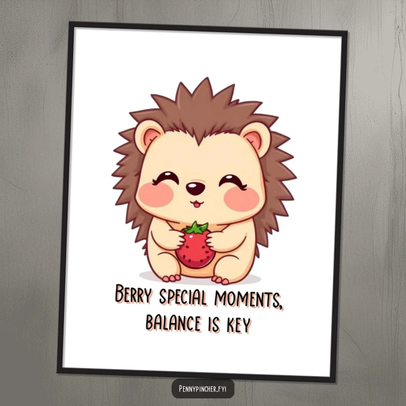 Funny free printable wall art, a blushing hedgehog precariously balancing a berry on its snout, cute decor.
