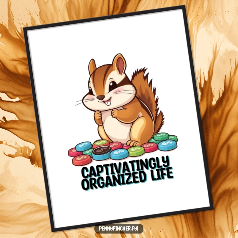 Funny Free Printable Wall Art: A cheerful chipmunk meticulously arranging a vast collection of colorful bottle caps.