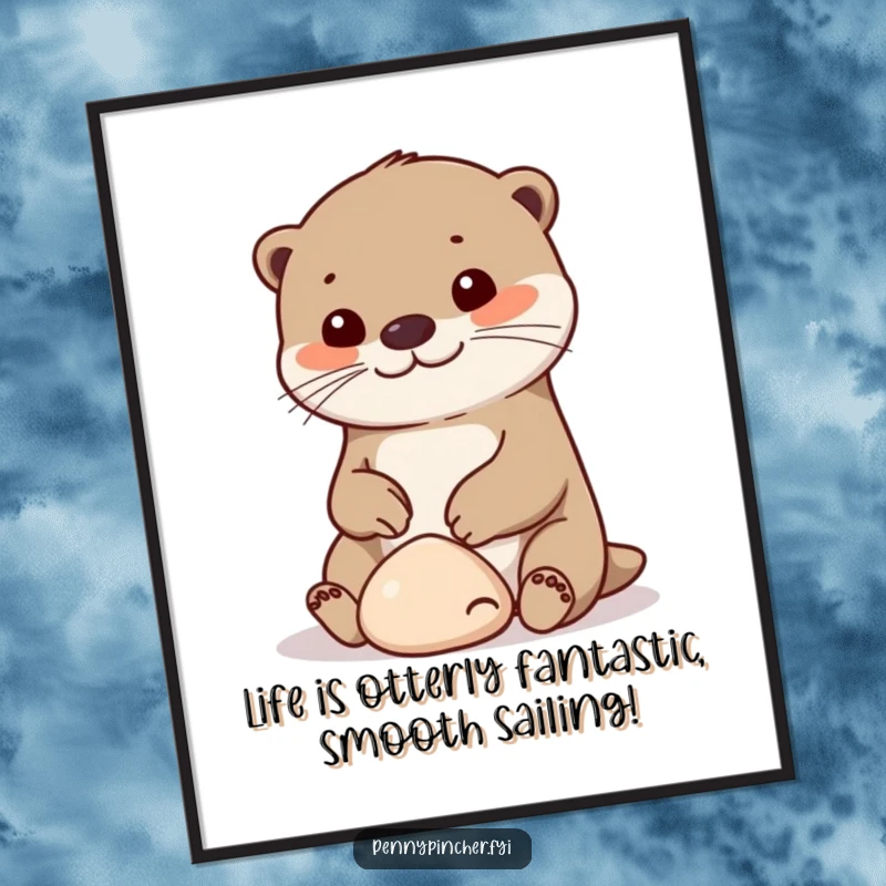 Funny free printable wall art, a cheerful otter happily playing with a smooth pebble, joyful decor.