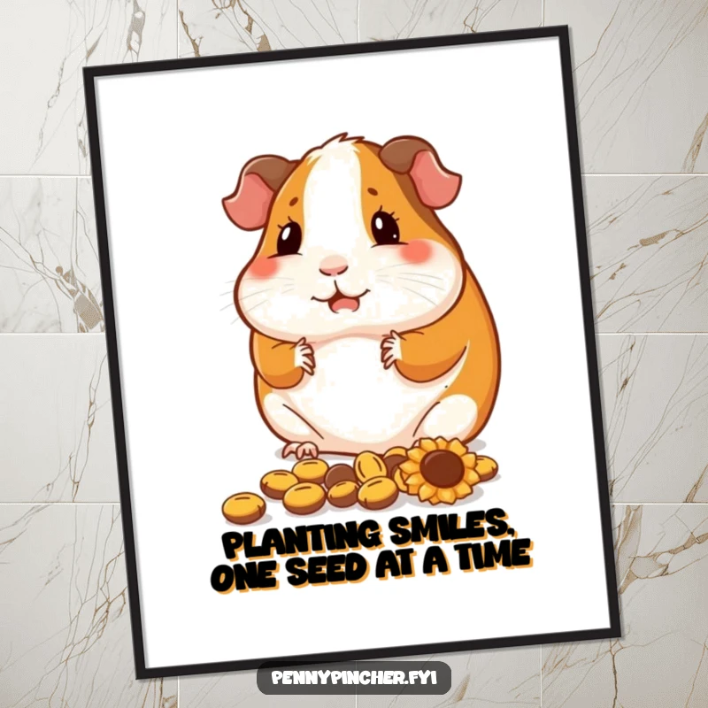 Funny free printable wall art, a contented guinea pig meticulously arranging sunflower seeds, cozy decor.