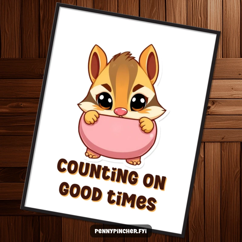 Funny Free Printable Wall Art: Cautious chipmunk wide-eyed peeking into a piggy bank, humorous downloadable decor