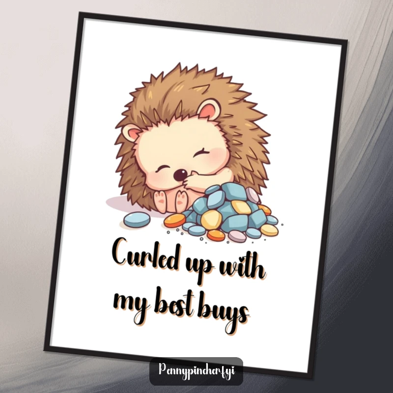 Funny Free Printable Wall Art: A peaceful hedgehog comfortably curled up beside a small, sparkling pile of various shiny objects.