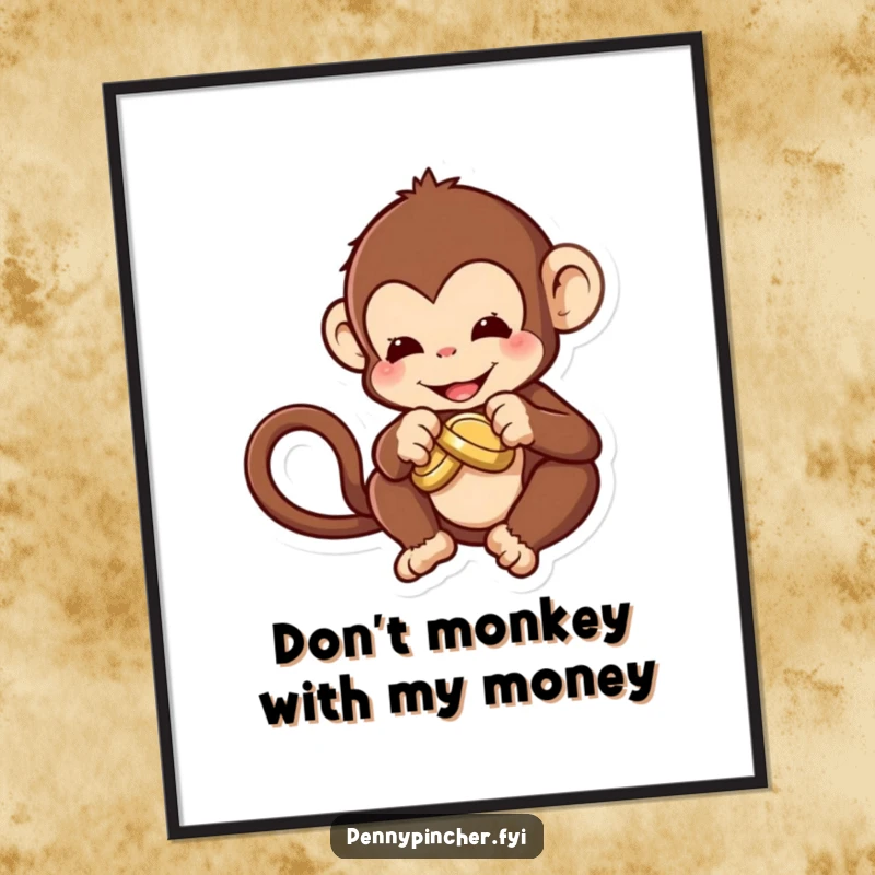 Funny Free Printable Wall Art: A curious monkey character intently trying to tie a knot in a single coin.