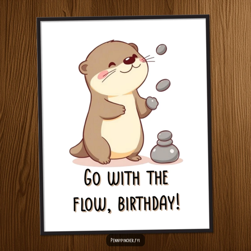 Funny Free Printable Wall Art: A Kawaii otter playfully juggles three small, round stones, showcasing impressive dexterity and fun.