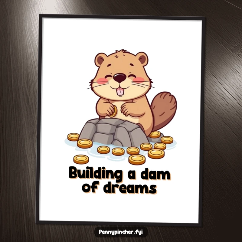 Funny Free Printable Beaver Wall Art: Hopeful beaver constructing a dam made of small coins, symbolizing resourcefulness.