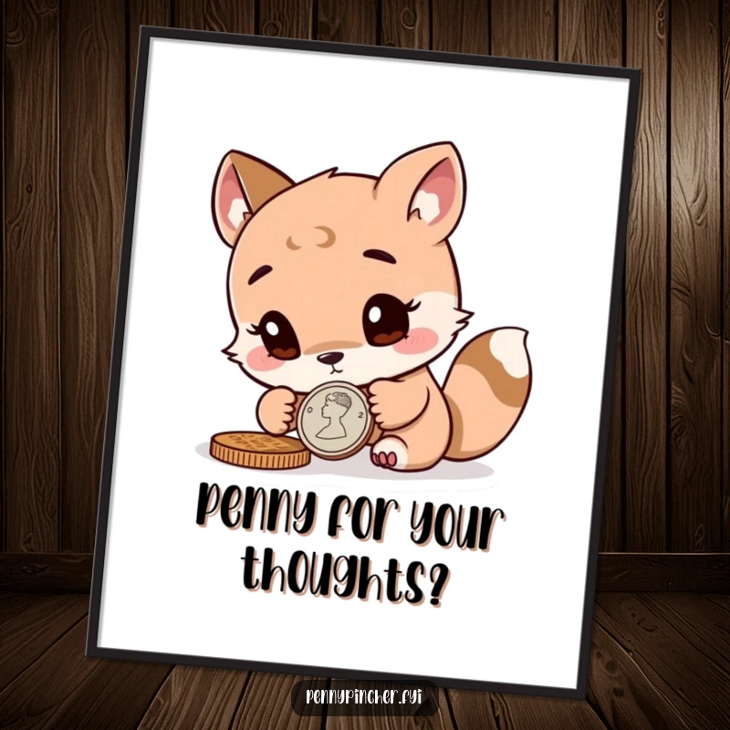 Free Printable Wall Art of a curious animal character engrossed in closely inspecting a shiny coin, inviting wonder.