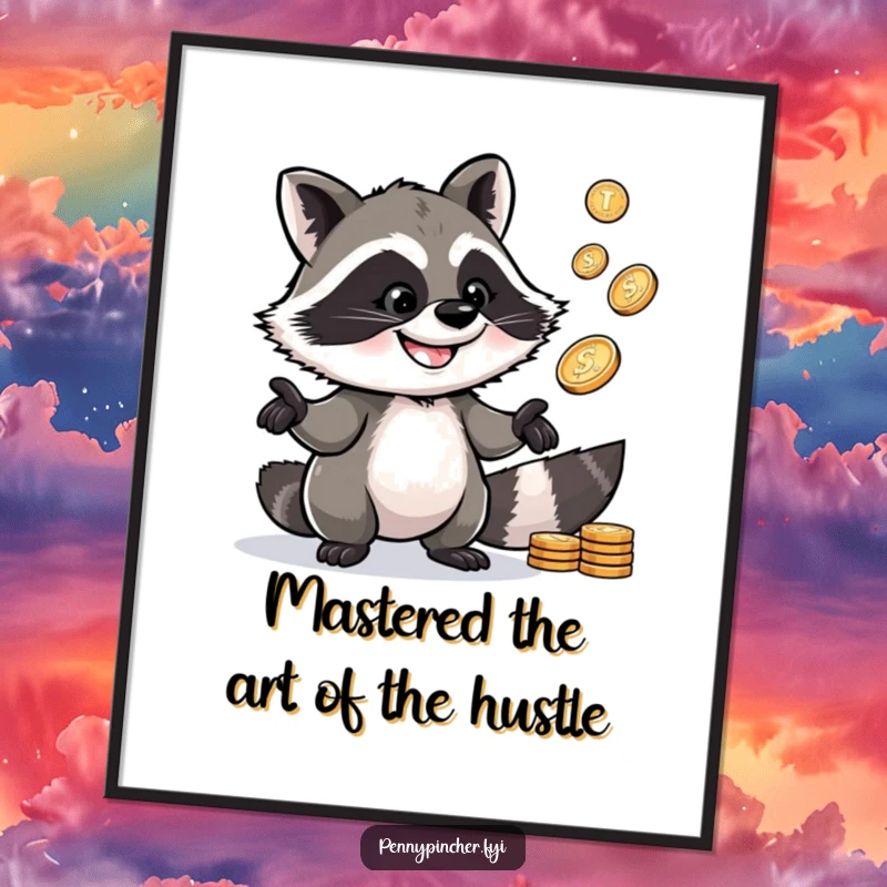 Funny Free Printable Wall Art showing a clever raccoon character expertly juggling several shiny pennies with a confident grin, a street performer.
