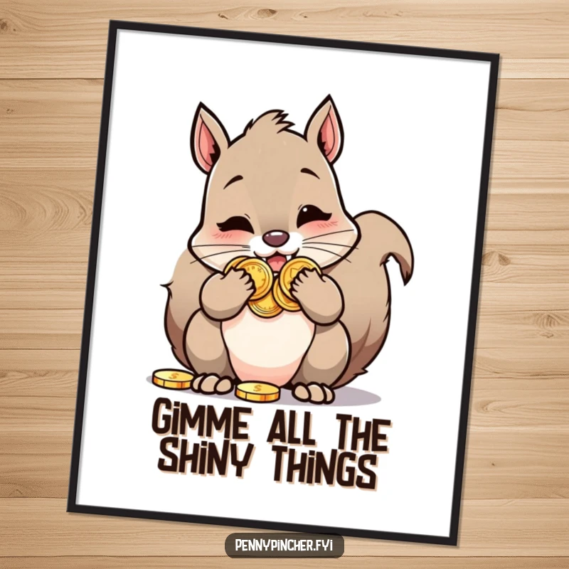 Funny Free Printable Wall Art of a squirrel character comically stuffing its cheeks with numerous shiny oversized coins, a treasure hunter.