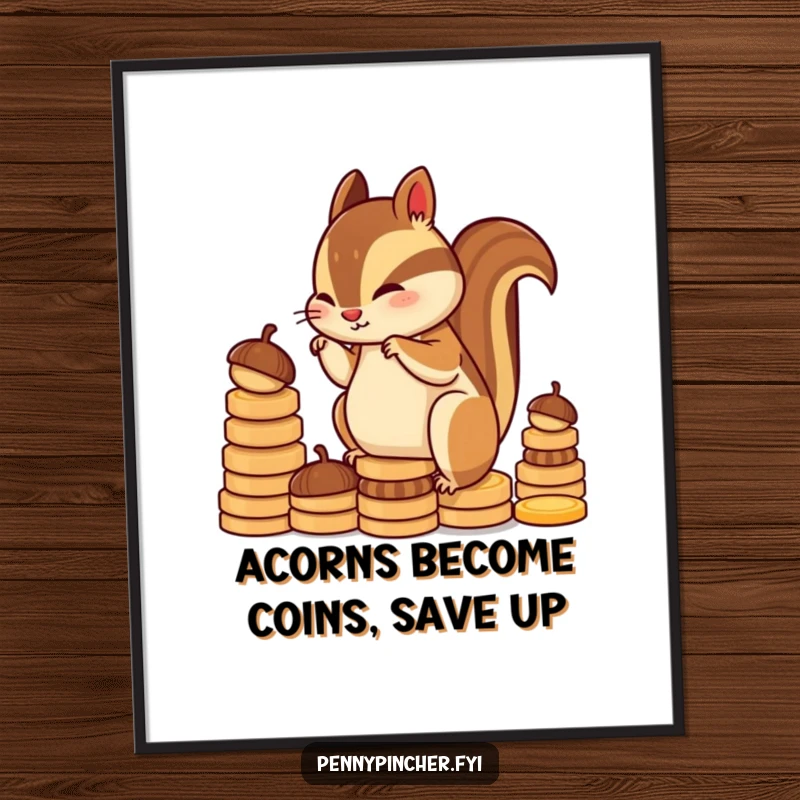 Funny Free Printable Wall Art: Diligent chipmunk character stacking acorns like coins, looking very resourceful.