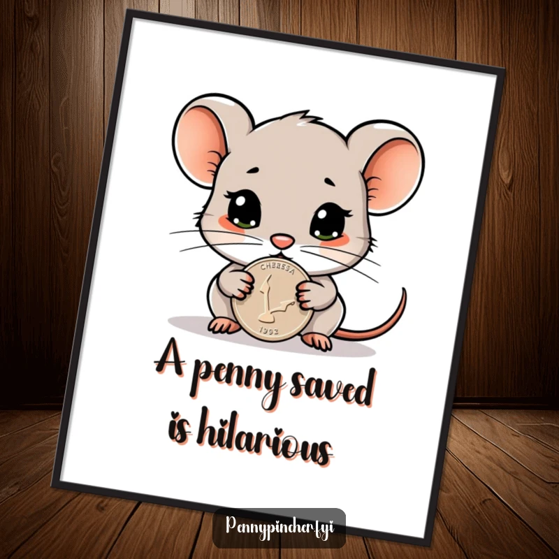Funny Free Printable Wall Art features a cautious mouse character diligently guarding a single, shiny penny as if it were treasure.