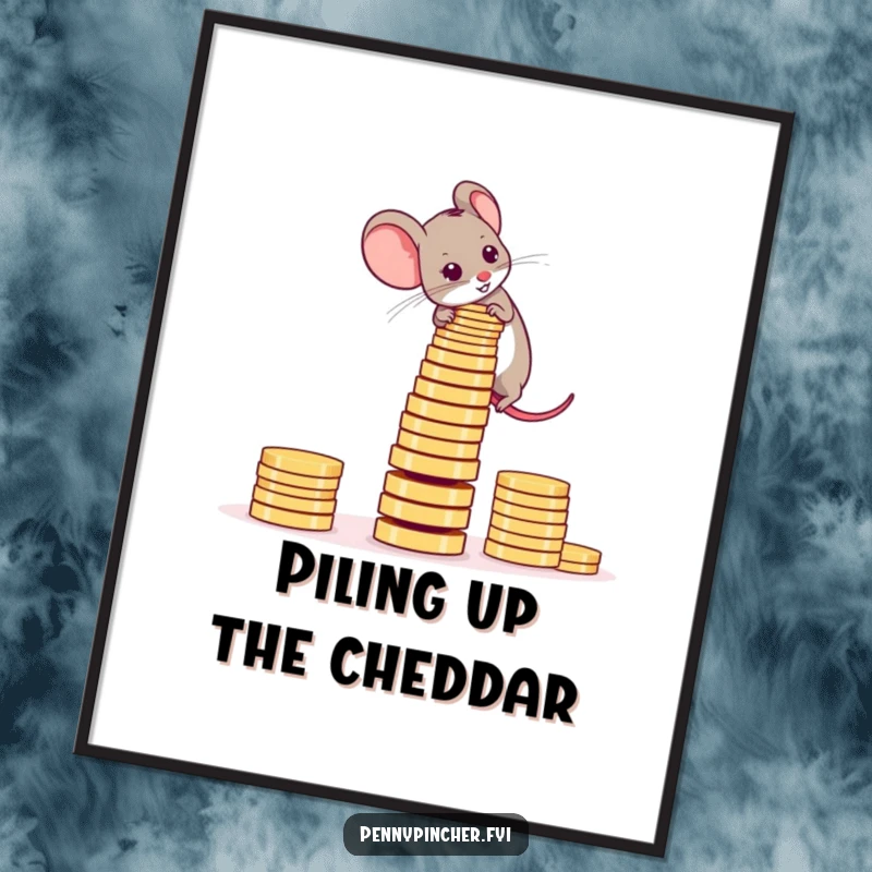 Funny free printable wall art: An ambitious mouse building a teetering tower of coins, symbolizing financial goals.