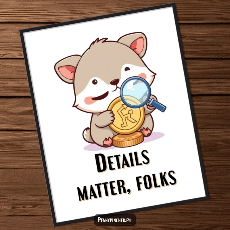 Funny Free Printable Wall Art: Cartoon animal squinting intensely at a coin through a magnifying glass, a humorous depiction of detailed observation.