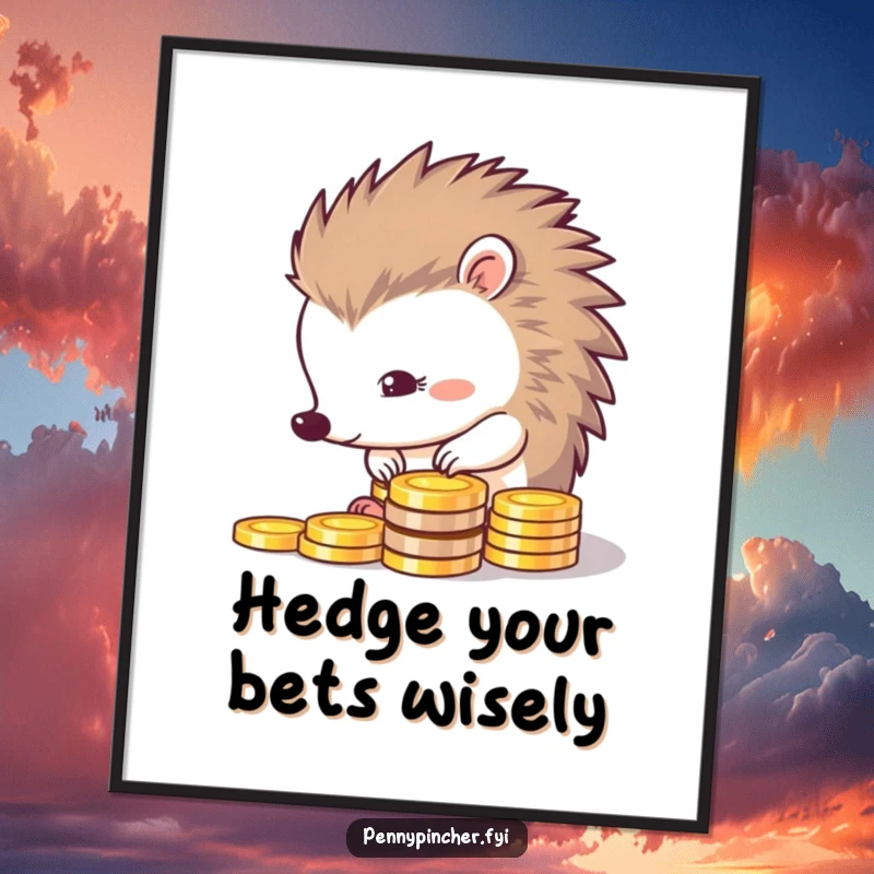 Funny Free Printable Wall Art: a thrifty hedgehog character meticulously lining up a neat row of shiny coins.