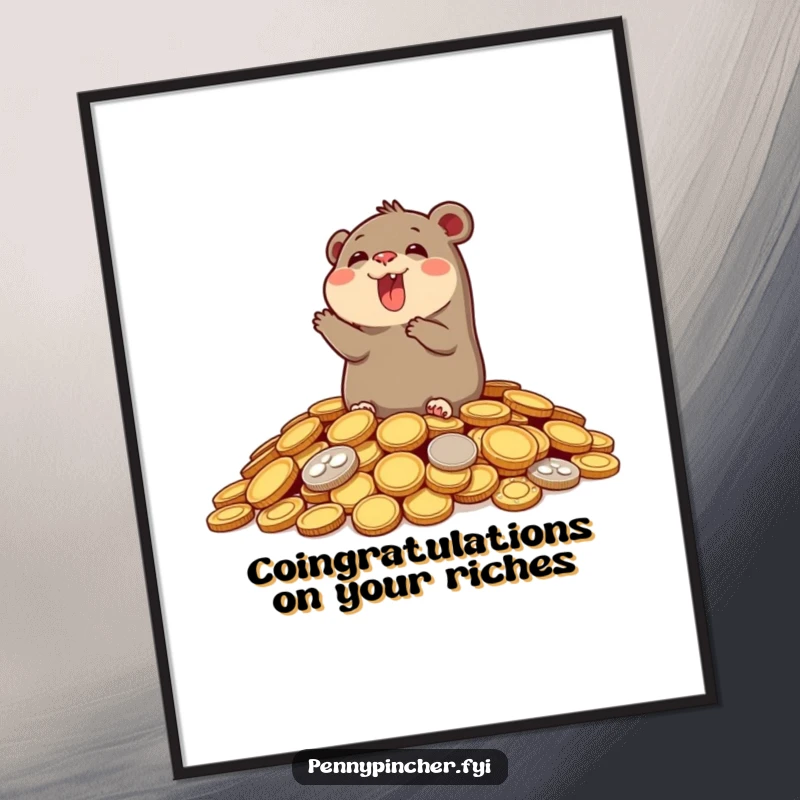 Funny Free Printable Wall Art: a joyful mole character joyfully popping out of a massive pile of shiny coins.