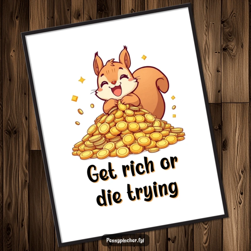 Funny Free Printable Squirrel Wall Art: A squirrel character ecstatically guarding a mountain of glittering, shiny coins.