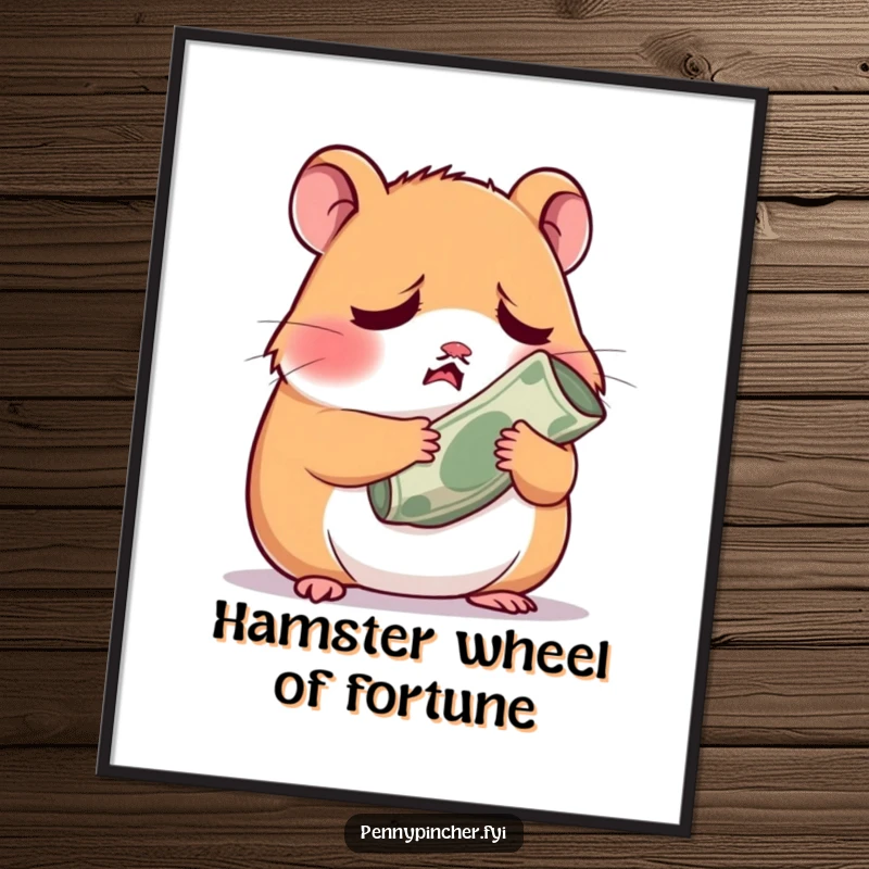 Funny free printable wall art: A hamster looks anxious clutching a small cash roll, a humorous piece for your home.
