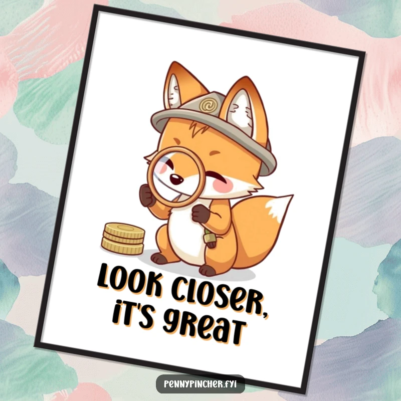 Funny Free Printable Wall Art: a resourceful fox character intently examines something with a coin as a tiny magnifying glass.