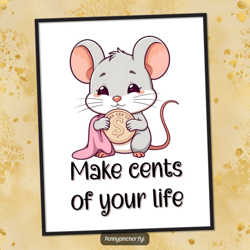 Funny Free Printable Wall Art: A smug mouse meticulously polishing a single cent, exuding a humorous sense of wealth and satisfaction.