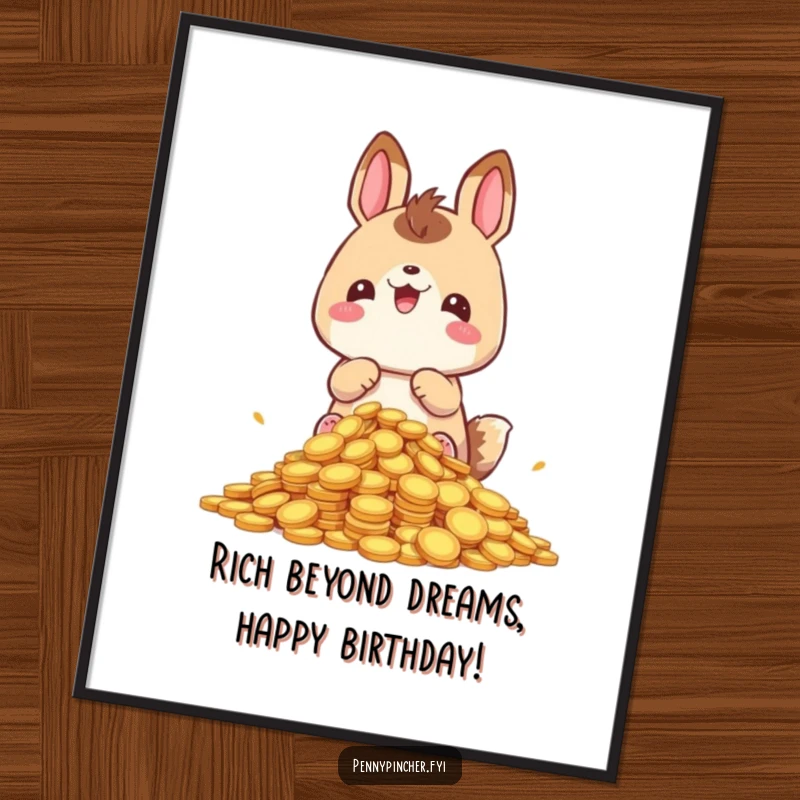 Funny Free Printable Wall Art: A cheerful animal character depicted happily hoarding a large, valuable pile of coins.