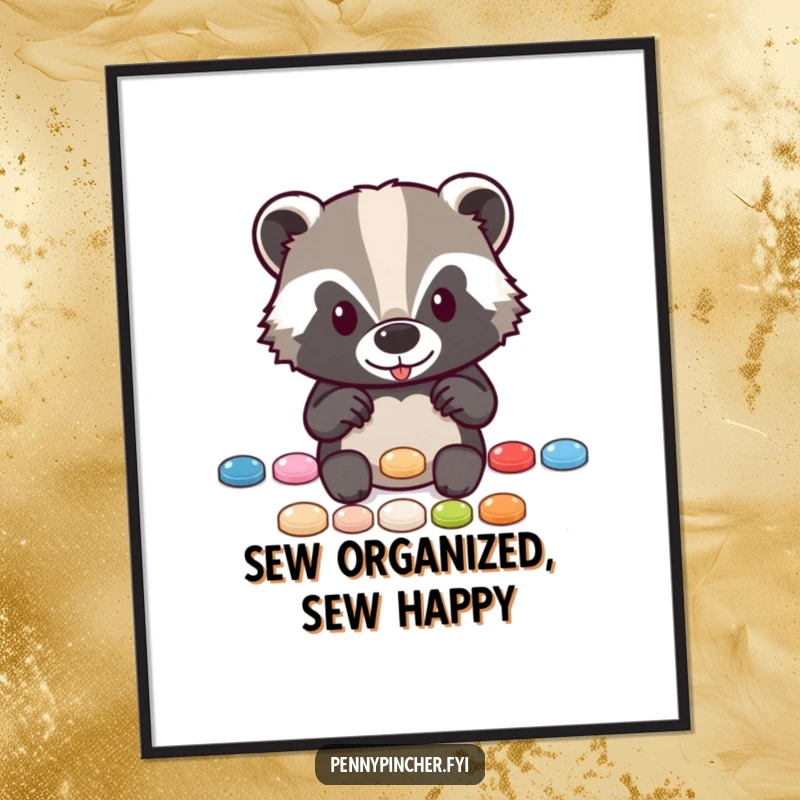 Funny Free Printable Wall Art: A meticulous badger proudly arranging a perfectly straight line of shiny buttons, looking oh-so-organized.