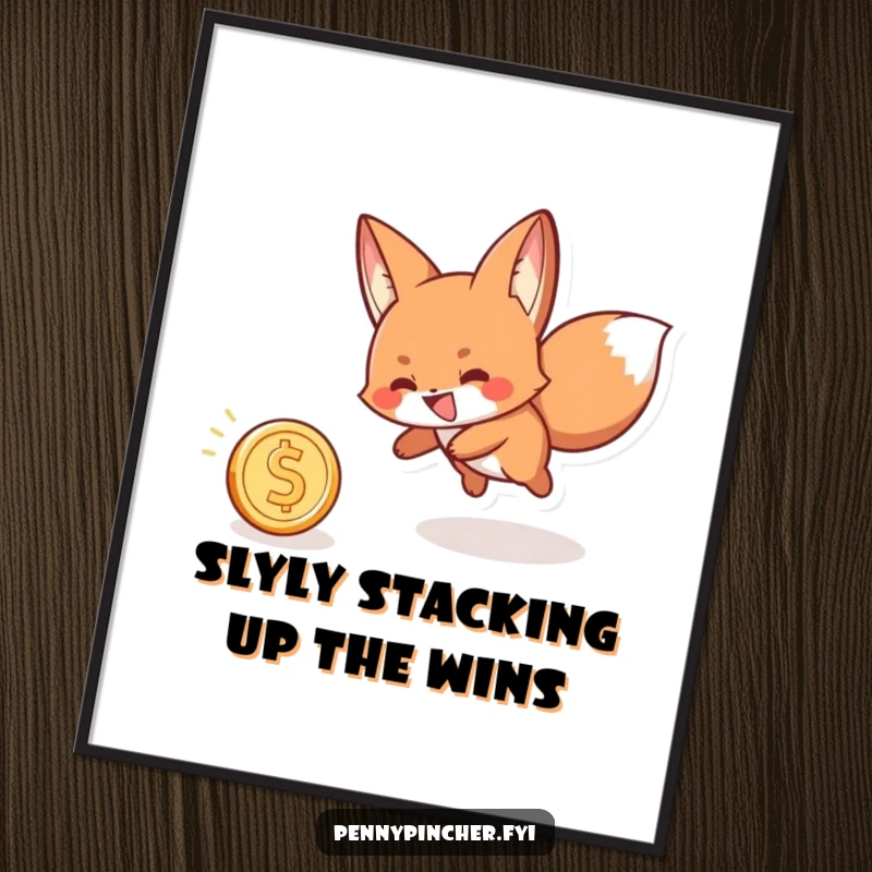 Funny Free Printable Wall Art: A mischievous fox with a wide grin joyfully chasing a rolling coin across a simple background.