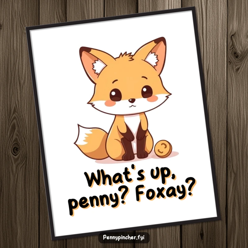Funny Free Printable Wall Art: A clever fox character looking quizzically at a single dropped coin, full of wonder.