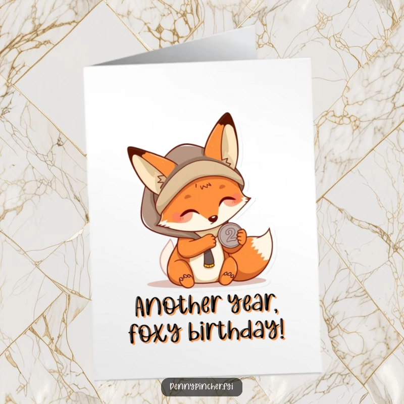 Funny Free Printable Birthday Card: Kawaii fox squinting intently at a single coin, looking resourceful and humorous.